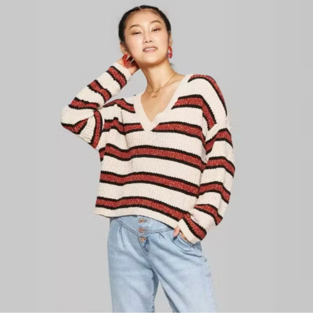 Wild Fable Soft Striped Long Sleeve Cream, Black, Orange V-Neck Sweater Size XS